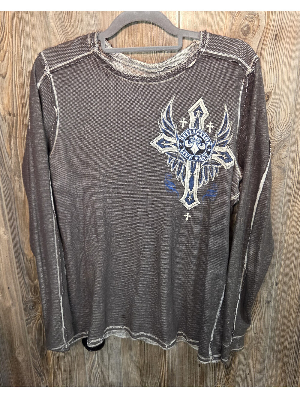 Affliction Double Sided L/S Waffle Knit 2 in 1 Shirt Sz Lrg Graphic Tribal Cross